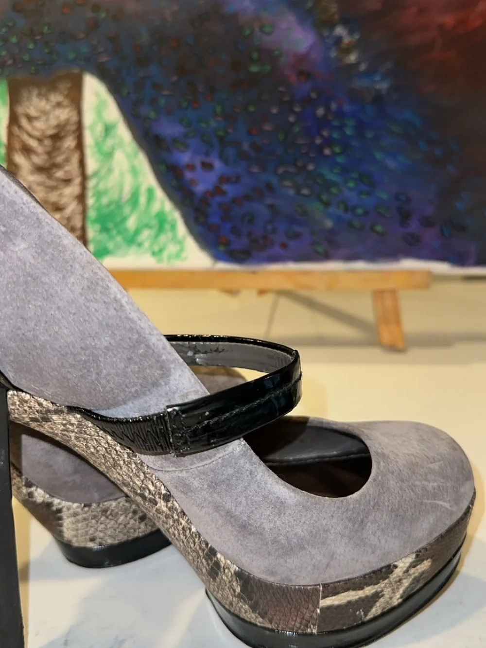 Jessica Simpson Gray Suede Mary Jane Platform Pumps with Snakeskin Accent
